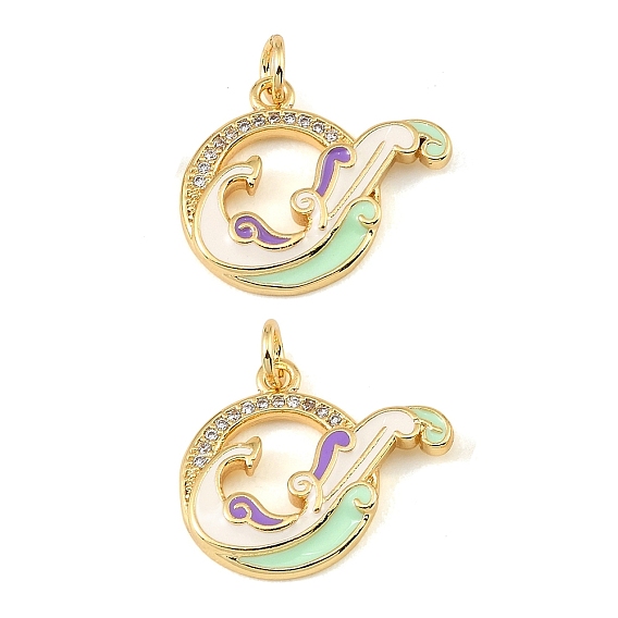 Brass Micro Pave Clear Cubic Zirconia Pendants, with Enamel, Flat Round with Wave Charms, Colorful