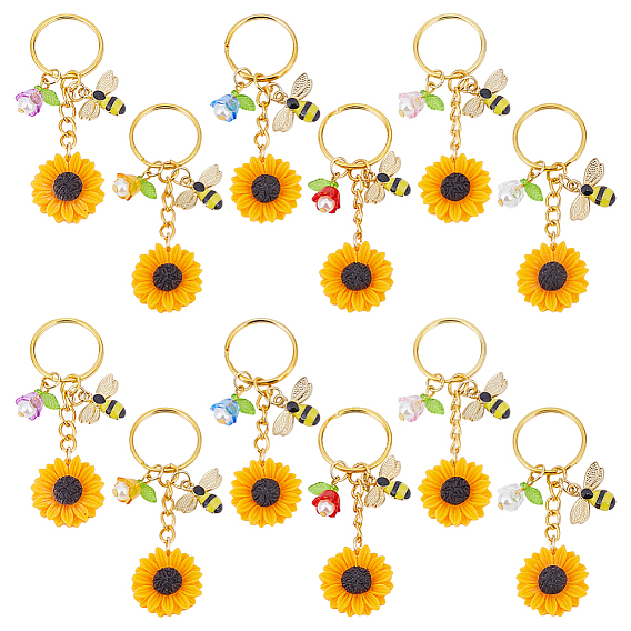 12 шт. 6 брелоки в виде пчелы из цветной смолы подсолнечника, прозрачного акрила и эмалевого сплава, С кольцами, золотые