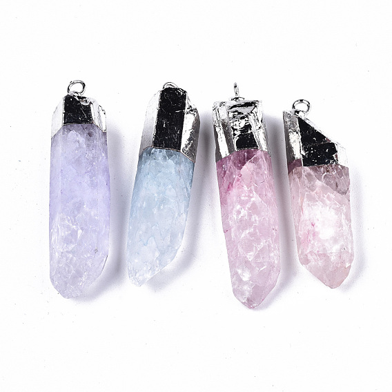 Electroplate Natural Quartz Crystal Pendants, with Platinum Iron Loops, Dyed, Hexagonal Prism