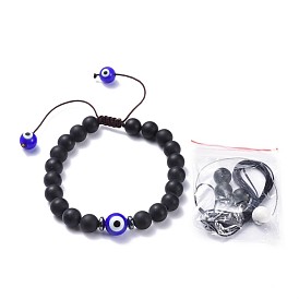 Adjustable Nylon Thread Braided Bead Bracelets, Couple Bracelets For Men, with Lampwork Evil Eye and Natural Black Agate(Dyed), Non-Magnetic Synthetic Hematite Beads, PVC Tubular Rubber Cord