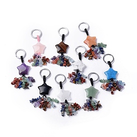 Natural & Synthetic Mixed Gemstone Star with Mixed Gemstone Chips Beaded Tassel Keychains, with 304 Stainless Steel Ring Clasps