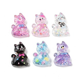 Transparent Resin Bowknot Kitten Decoden Cabochons, Cat Shape with Glitter Powder