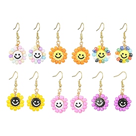 6Pairs 6 Colors Glass Seed Bead Dangle Earrings, Acrylic Smiling Face Earrings for Women