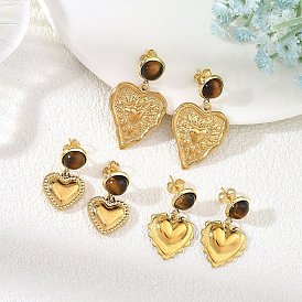 Pendientes colgantes de ojo de tigre natural y acero inoxidable para mujer, corazón, 304 de acero inoxidable aretes