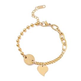 Vacuum Plating Flat Round and Heart Charm Bracelet with 304 Stainless Steel Chains for Women