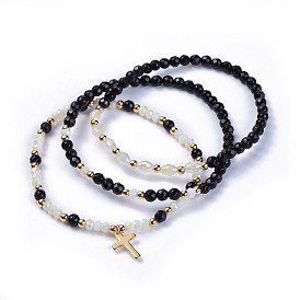 Stretch Bracelets Sets, Stackable Bracelets, with Electroplate Glass Beads, Natural Black Agate and Brass Findings, Cross, Cardboard Box