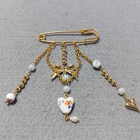 Broches fer, avec des pendentifs en porcelaine imprimée de fleurs à la main, en perle de verre et en alliage