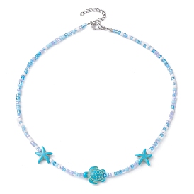 Synthetic Turquoise Starfish & Turtle & Seed Beaded Necklace for Women