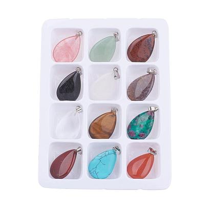 Natural & Synthetic Mixed Gemstone Pendants, with Brass Clasps, Teardrop