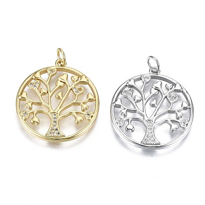 Brass Micro Pave Clear Cubic Zirconia Pendants, with Jump Ring, Cadmium Free & Nickel Free & Lead Free, Flat Round with Tree