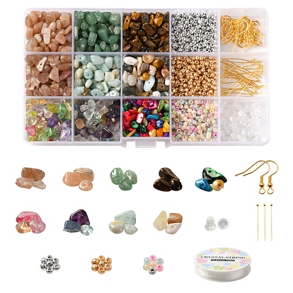 Kit de fabrication de bracelets de boucles d'oreilles en perles de pierres précieuses bricolage, y compris les pierres naturelles et synthétiques, les coquillages et les perles de verre, Perles de rocaille, Crochets de boucles d'oreilles en fer