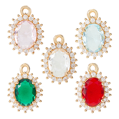 10 шт 5 цвета кулоны из латуни, микропаве, циркония, со стеклом, овальные, золотой свет