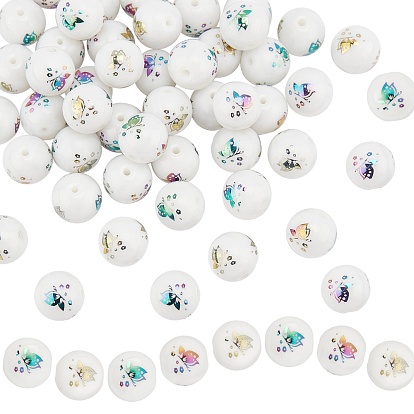 Electroplate Glass Beads, Round with Butterfly Pattern