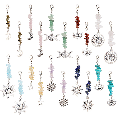 2 Bags Alloy with Gemstone Chip Pendant Decorations, with Lobster Claw Clasps, Antique Silver & Platinum, Mixed Shapes
