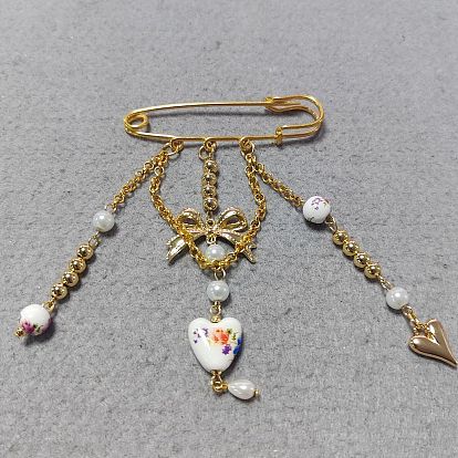Broches fer, avec des pendentifs en porcelaine imprimée de fleurs à la main, en perle de verre et en alliage
