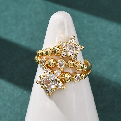 Brass Micro Pave Cubic Zirconia Cuff Open Rings, Star, Cadmium Free & Lead Free, Rack Plating, Long-Lasting Plated, Real 18K Gold Plated