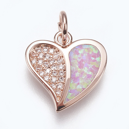 Brass Micro Pave Cubic Zirconia Charms, with Synthetic Opal, Heart