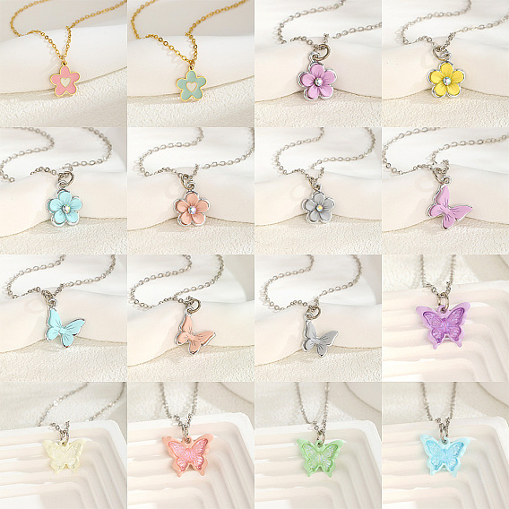 201 Collares con colgante de mariposa y flor de acero inoxidable esmaltado/acrílico con cadena de cable para mujer