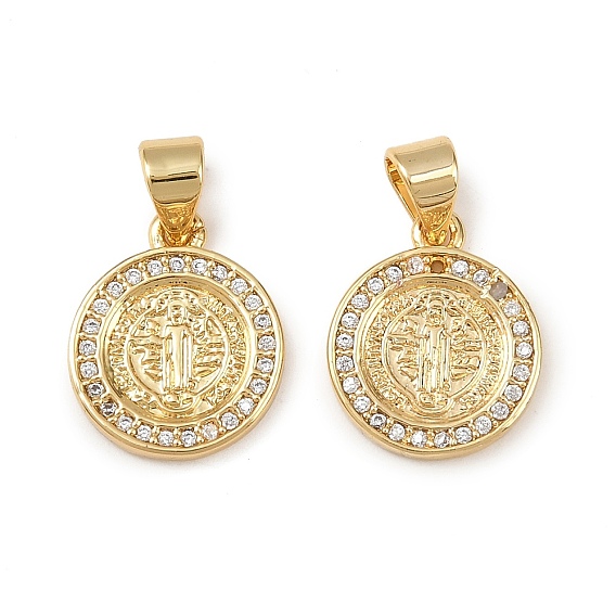 Латунные микро проложить кубического циркония подвески, плоский круглый с подвесками Святого Бенедикта, без свинца и без кадмия, долговечный, стойки покрытие, реальный 18 k позолоченный