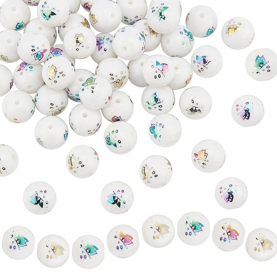 Electroplate Glass Beads, Round with Butterfly Pattern