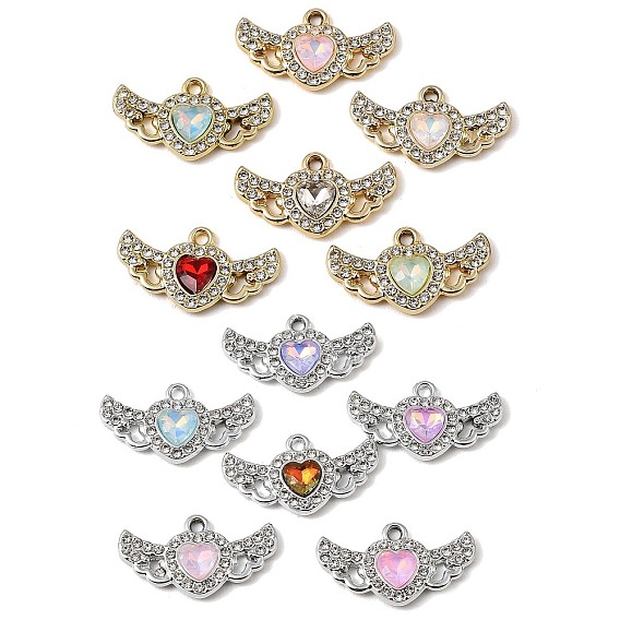Pendentifs en verre d'alliage de placage uv, coeur avec breloque aile, avec strass, facette, couleur mixte