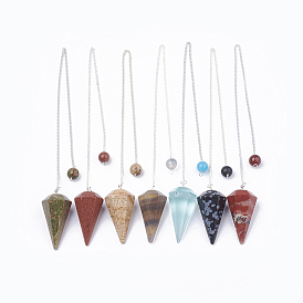 Natural & Synthetic Mixed Stone Hexagonal Pointed Dowsing Pendulums, with Copper Clad Iron Cross Chains, Cone/Spike, Platinum