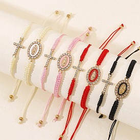 2Pcs Alloy Rhinestone Charm Bracelets for Women, Adjustable Braided Bracelets with Virgin Mary & Cross