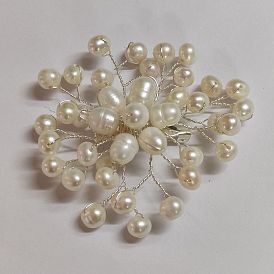 Copper Wire Wrapped Natural Freshwater Pearl Beaded Flower Brooches, Silver Iron Lapel Pins for Backpack Clothes