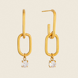 Boucles d'oreilles pendantes en acier inoxydable et zircon cubique pour femmes, rond avec ovale, boucles d'oreilles demi-créoles