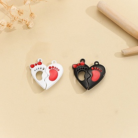 Valentine's Day Alloy Enamel  Magnet Split Pendants, Couples Charms, Heart with Bowknot & Footprint