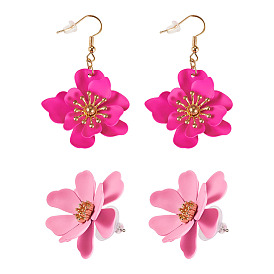2 Pairs 2 Styles Iron Flower Dangle Earrings and Sweet and Stylish Multi-layer Petal Flower Stud Earrings