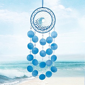 Iron & Natural Shell Pendant Decoration, Woven Net/Web with Sea Wave for Home Hanging Decorations