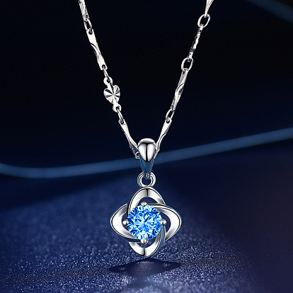 Colliers avec pendentif trèfle en argent fin et zircone cubique transparente, platine, Plaqué rhodium