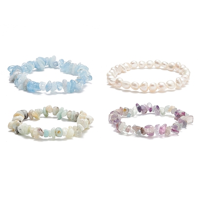 4Pcs 4 Style Natural Pearl & Mixed Gemstone Chips Beaded Stretch Bracelets Set, Adjustable Stackable Bracelets for Women