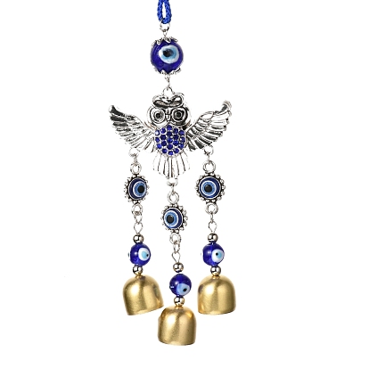 Car Hanging Owl Alloy Glass Rhinestone Wind Chime, with Evil Eye Resin Beads, Polyester Cord, Iron Bell