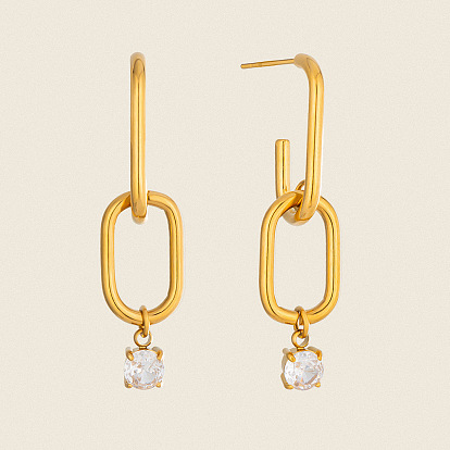 Boucles d'oreilles pendantes en acier inoxydable et zircon cubique pour femmes, rond avec ovale, boucles d'oreilles demi-créoles