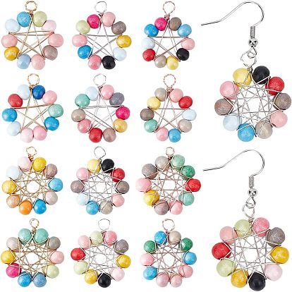 12шт 6 стили натуральное дерево круглые бусины подвески, с обмоткой из медной проволоки, кольцо очарование, окрашенные