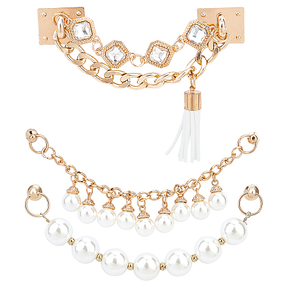 3Pcs 3 Styles Alloy Chain for DIY Keychains, with ABS Beads Links, Phone Case Decoration Jewelry Accessories, with Rhinestone and PU Leather Tassels