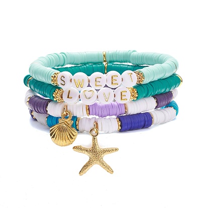 4Pcs 4 Style Handmade Polymer Clay Heishi Surfer Stretch Bracelets Set with Alloy Shell Starfish Charm, Word Sweet Love Preppy Bracelet Women