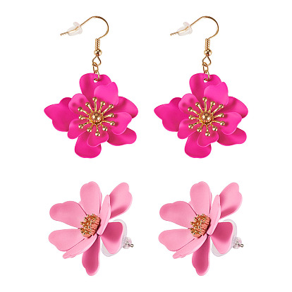 2 Pairs 2 Styles Iron Flower Dangle Earrings and Sweet and Stylish Multi-layer Petal Flower Stud Earrings