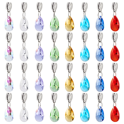 32шт. 8 цвета стекла европейские подвески с подвесками, подвески с каплевидными отверстиями, Сплав с поручительств, платина