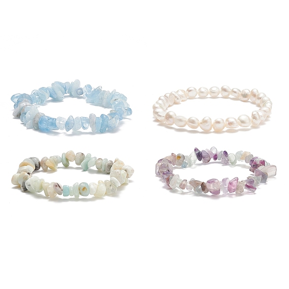 4Pcs 4 Style Natural Pearl & Mixed Gemstone Chips Beaded Stretch Bracelets Set, Adjustable Stackable Bracelets for Women
