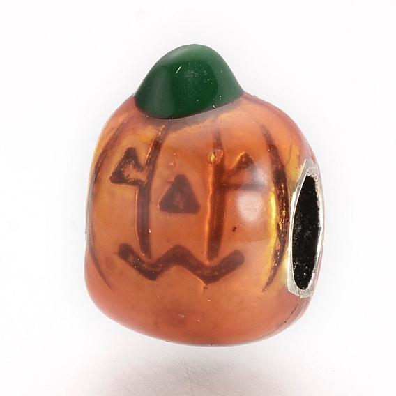 Alloy Enamel European Beads, Large Hole Beads, Pumpkin Jack-O'-Lantern, Halloween
