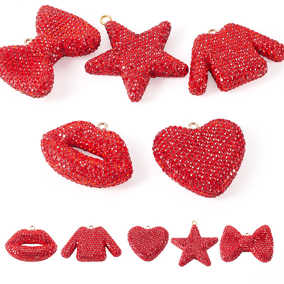 5Pcs 5 Styles Handmade Polymer Clay Pendants, with Iron Loop and Rhinestone