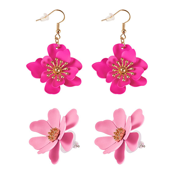 2 Pairs 2 Styles Iron Flower Dangle Earrings and Sweet and Stylish Multi-layer Petal Flower Stud Earrings