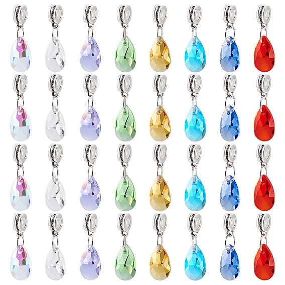 32шт. 8 цвета стекла европейские подвески с подвесками, подвески с каплевидными отверстиями, Сплав с поручительств, платина