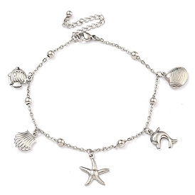 Summer Beach 304 Stainless Steel Cable Chains Shell & Starfish Charm Bracelets