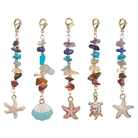 Starfish/Shell/Turtle Alloy Enamel Charms & 7 Chakra Gemstone Chips Beaded Pendant Decoration, with 304 Stainless Steel Lobster Claw Clasps