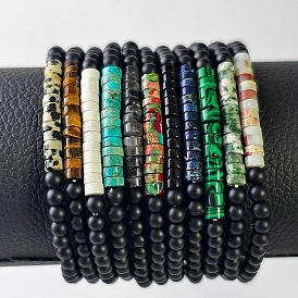 Bracelets extensibles en perles heishi de 2 mm et en onyx noir givré rond (teint et chauffé) pour femmes et hommes