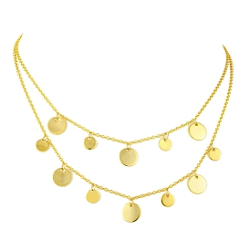 Brass Double Layer Cable Chains Necklaces, with 304 Stainless Steel Flat Round Charms